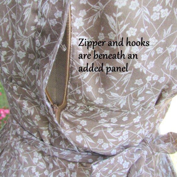 VICTORIAN COSTUME GOWN, S, WIDE RUFFLED SKIRT, TAUPE PRINT, LACE TRIM, LADYLIKE - Picture 8 of 9